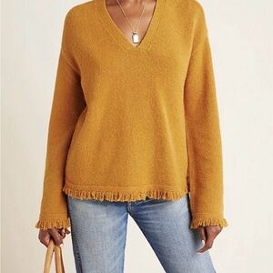 Anthropology Joy Fringe Women's Mustard V-Neck Sweater Size Small